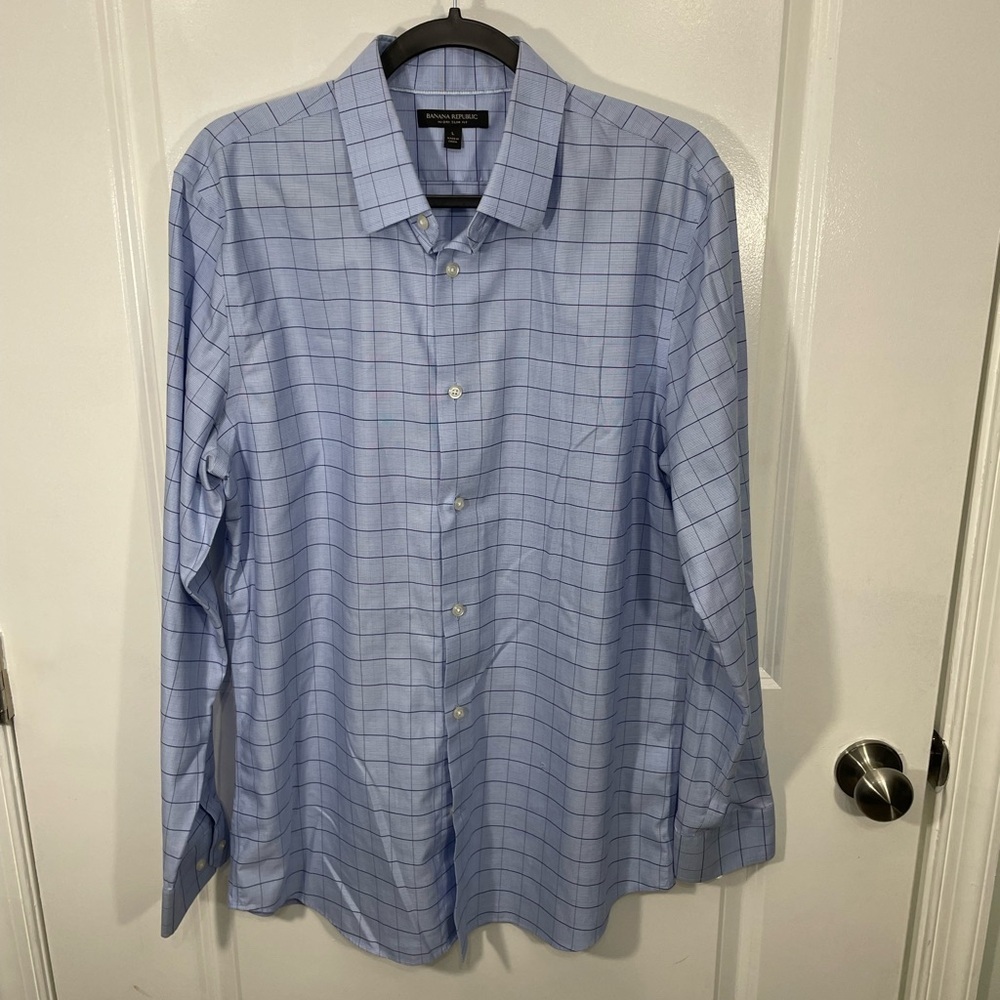 Banana Republic Light Blue Grid Dress Shirt Size Large CB-30